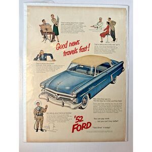 Vintage Ad Print 1952 Ford Retro Car Blue 2-Door Good News Travels Fast